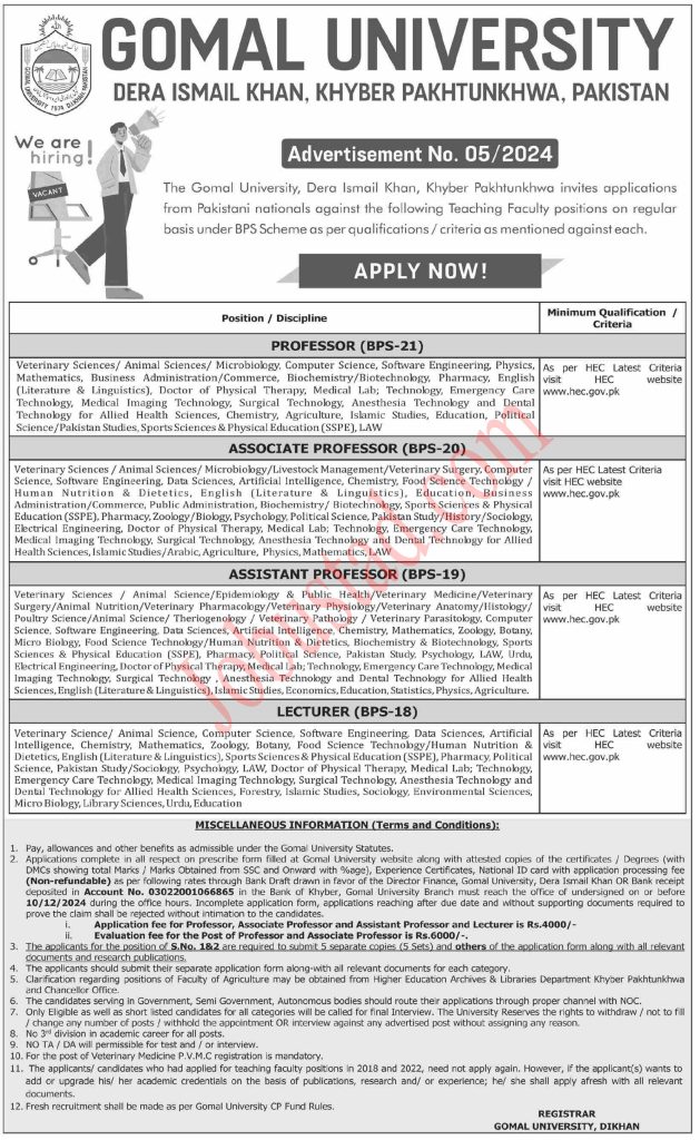 Gomal University Jobs in DI Khan November 2024