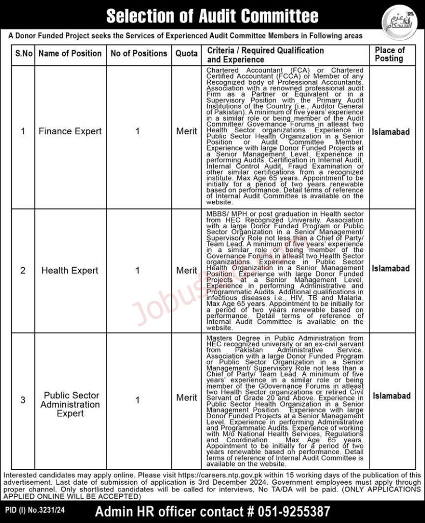 Jobs in National TB Control Program Islamabad November 2024