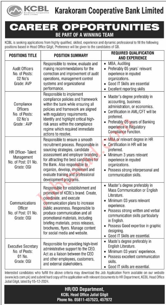 Karakoram Cooperative Bank Limited Jobs December 2024