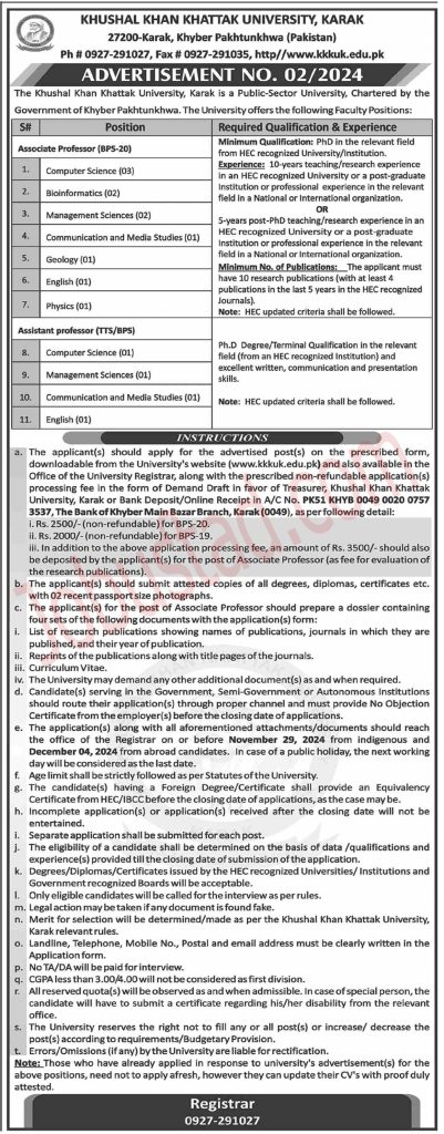 Khushal Khan Khattak University Jobs in Karak November 2024 