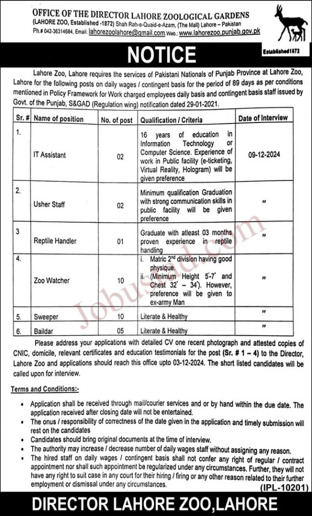 Latest Lahore Zoo Jobs November 2024