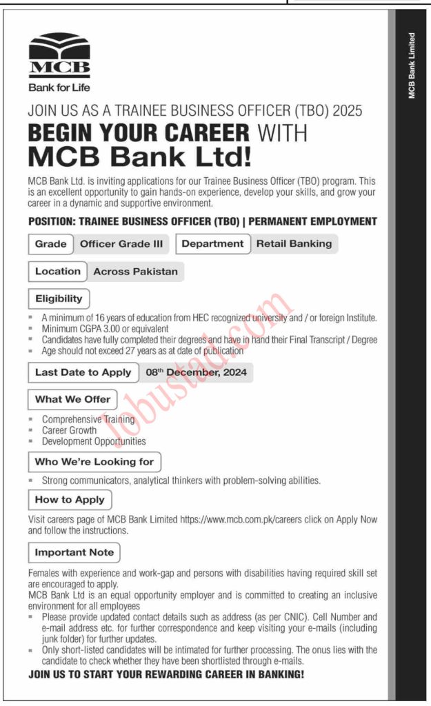 Latest MCB Jobs in Pakistan November 2024