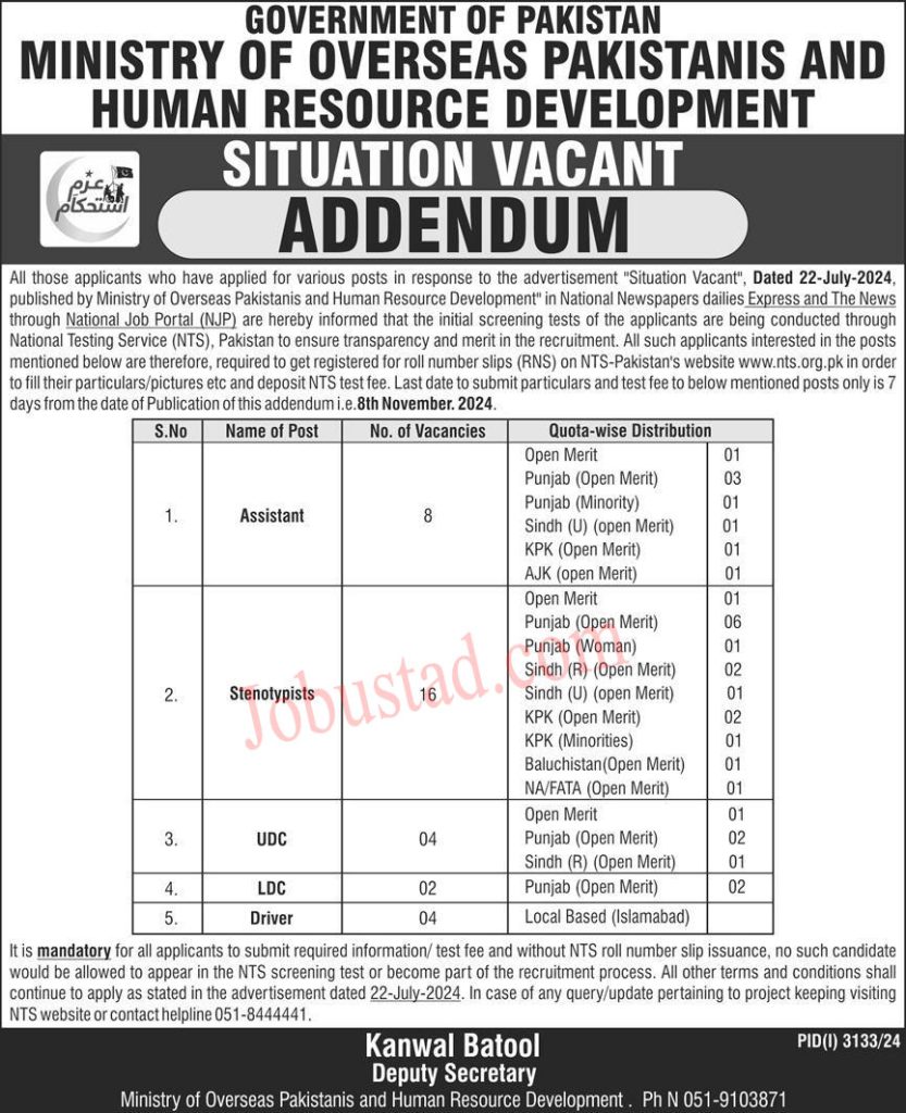 Latest Ministry of Oversease Pakistani Jobs November 2024