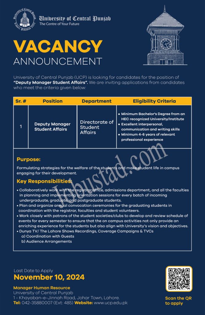 Latest University of Central Punjab Jobs Opportunities in Lahore November 2024