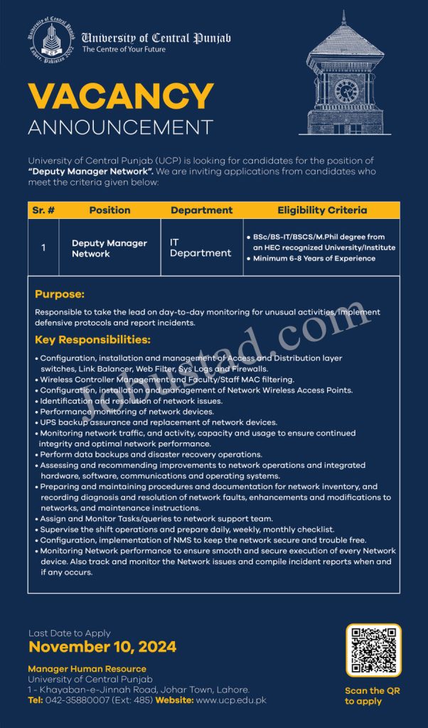 Latest University of Central Punjab UCP Jobs in Lahore November 2024