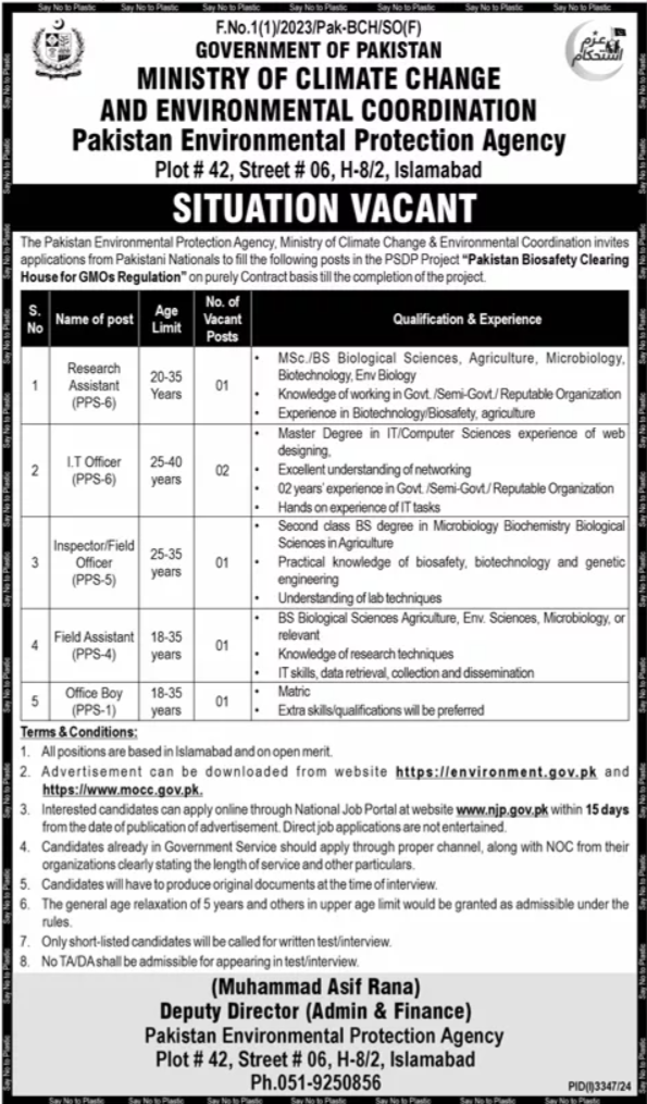 Job Opportunities at the Pakistan Environmental Protection Agency (PEPA) Ministry of Climate Change
