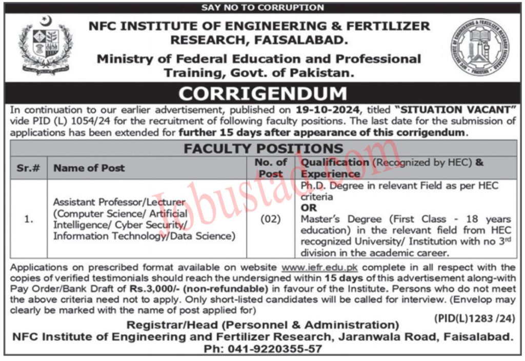 NFC Institute of Engineering & Fertilizer Research Jobs in Faisalabad November 2024 