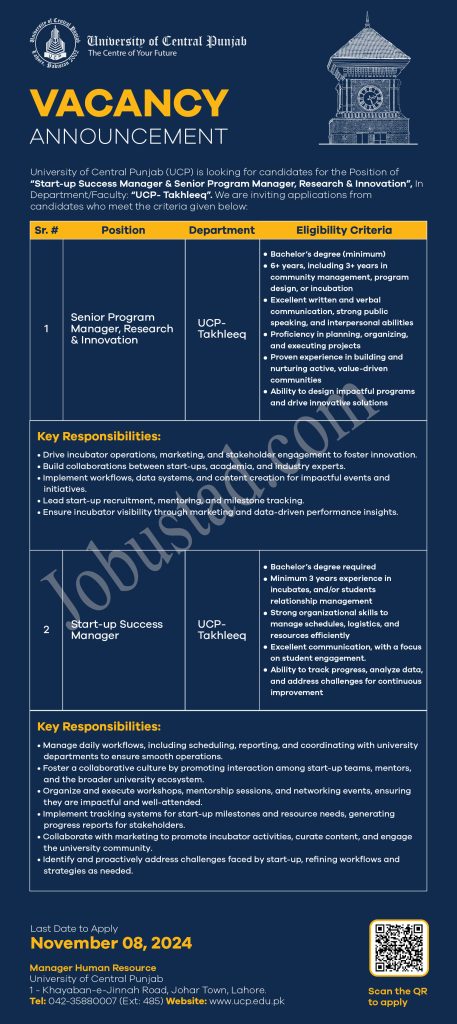 New University of Central Punjab UCP Jobs in Lahore November 2024