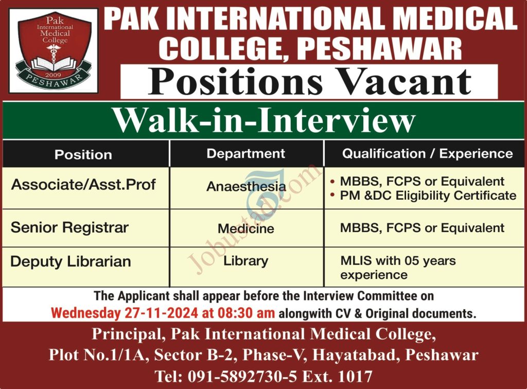 Pak International Medical College Jobs in Peshawar November 2024