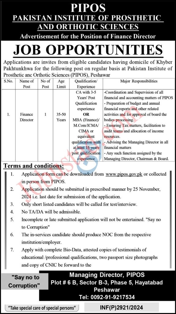 Pakistan Institute of Prosthetic and Orthotic Sciences Jobs in Peshawar November 2024