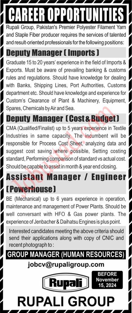 Rupali Group Pakistan Jobs November 2024