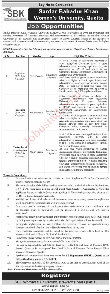 SBK Women University Jobs in Quetta November 2024