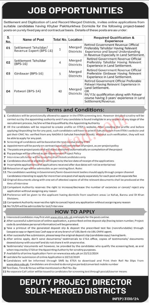 Tehsildar and Patwari Jobs in KPK November 2024