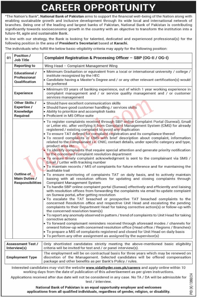 Today National Bank of Pakistan Jobs in Karachi November 2024