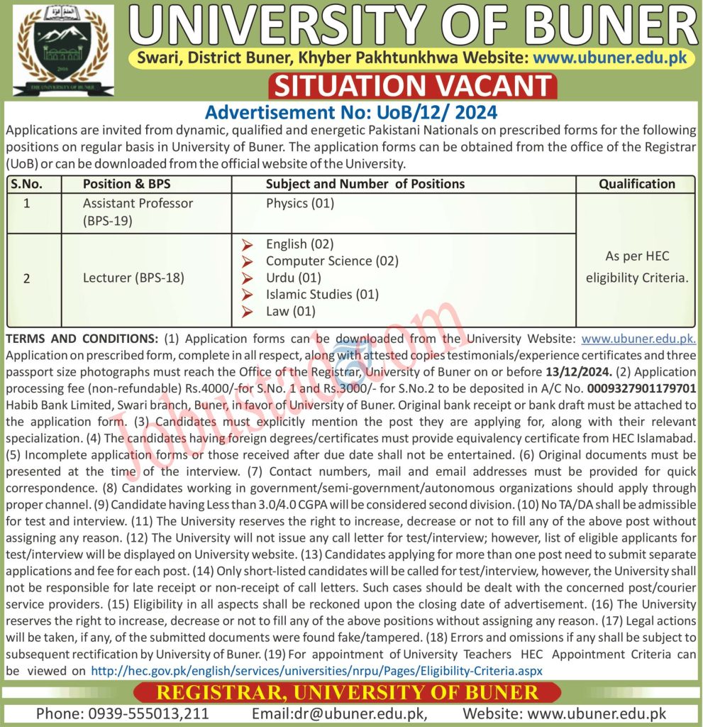 University of Buner Jobs December 2024