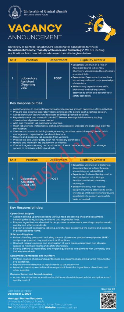 University of Central Punjab Jobs Opportunities in Lahore November 2024 
