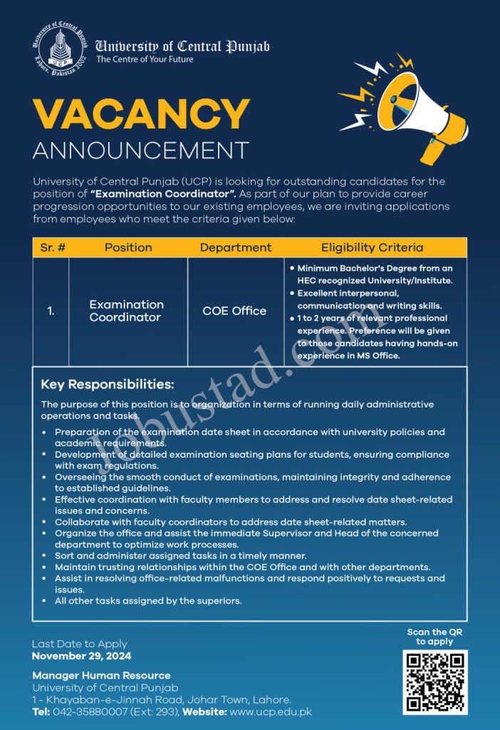 University of Central Punjab Jobs Opportunities in Lahore November 2024