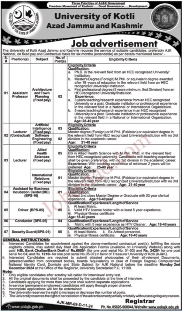 University of Kotli Jobs November 2024