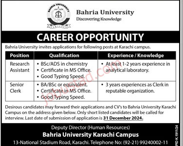 Bahria University Jobs in Karachi 2024 Application Form