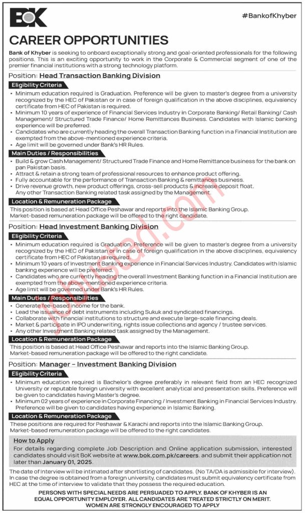 Bank of Khyber Jobs in Karachi December 2024