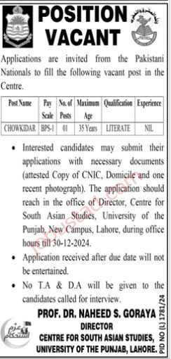 Centre for South Asian Studies Jobs in Lahore December 2024