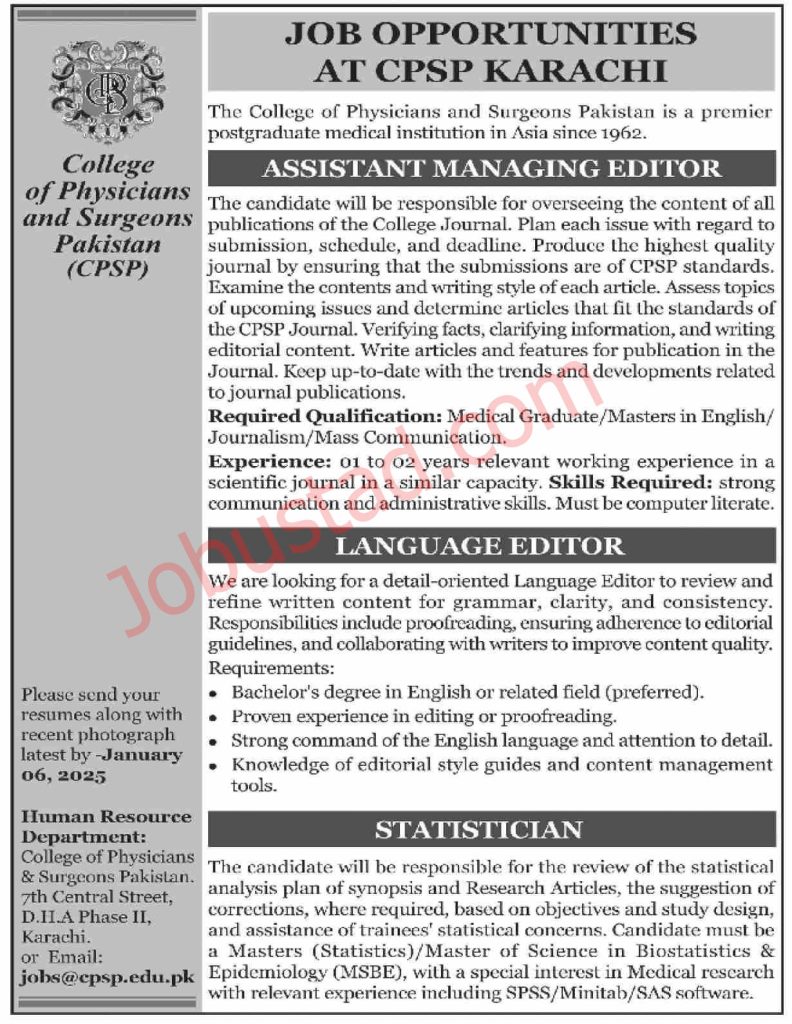 College of Physicians and Surgeons Pakistan Jobs in Karachi January 2025