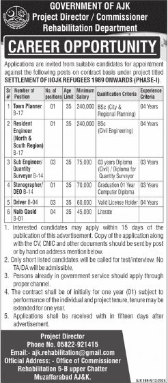 Commissioner Rehabilitation Department AJK Jobs in Muzaffarabad 2024