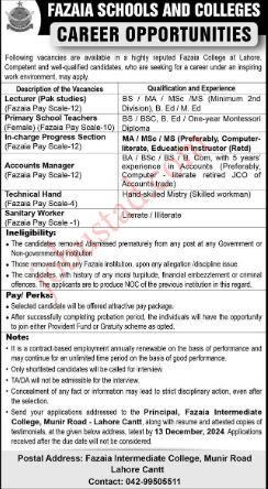 Fazaia College Jobs In Lahore December 2024