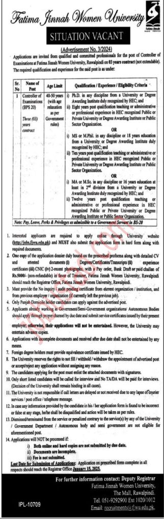 Fatima Jinnah Women University Jobs in Rawalpindi 2024 Apply Online