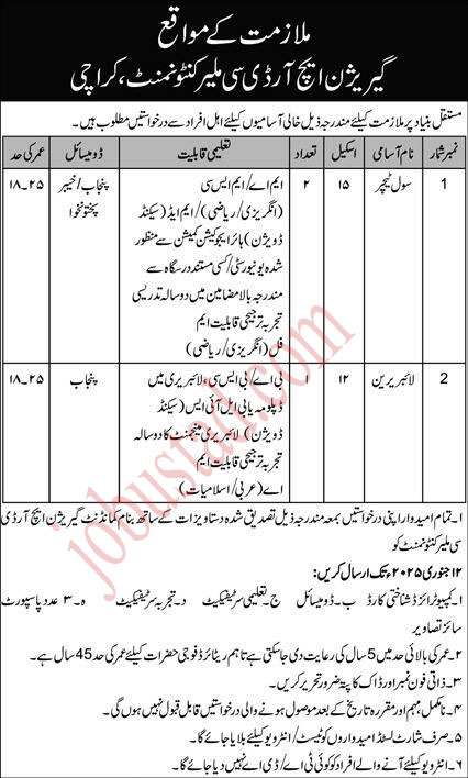 Garrison HRDC Malir Cantonment Jobs in Karachi January 2025