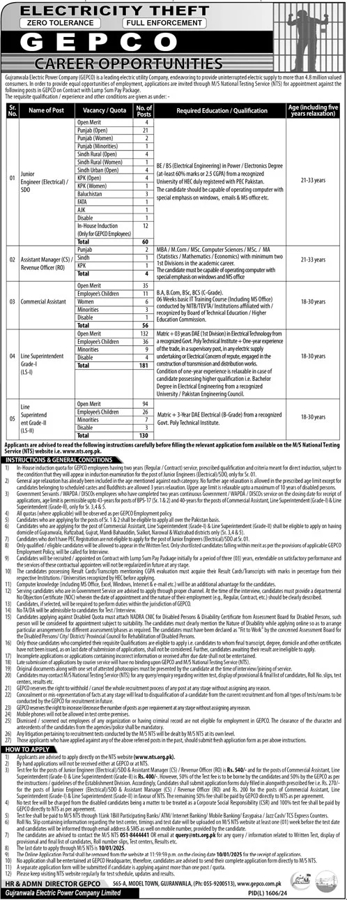New Gujranwala Electric Power Company GEPCO Jobs Through NTS December 2024