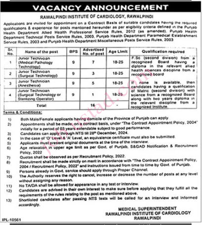 Institute of Cardiology Jobs in Rawalpindi December 2024