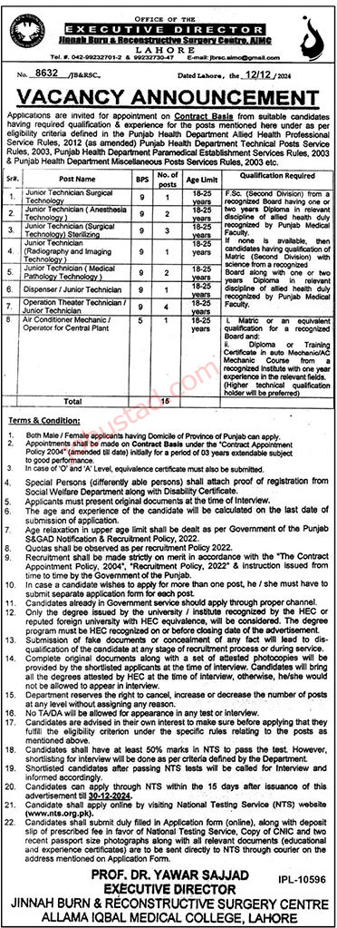 Jinnah Burn and Reconstructive Surgery Centre jobs in Lahore 2024