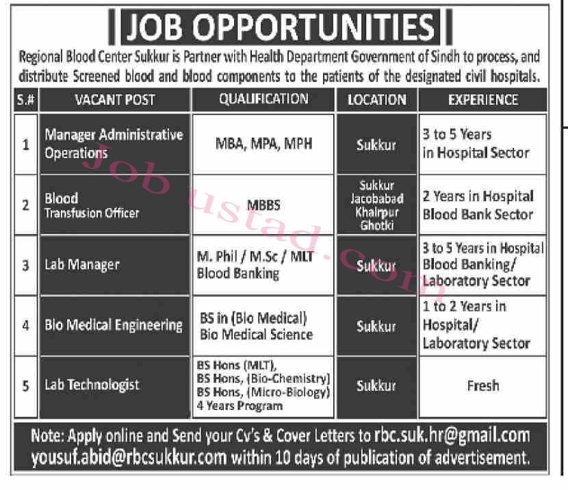 Jobs in Regional Blood Center Sukkur December 2024