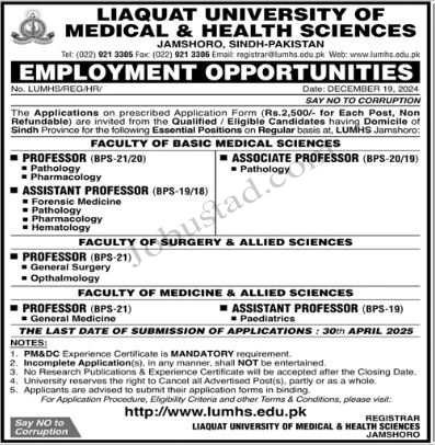 LUMHS Jobs In Jamshoro January 2025 Online Apply