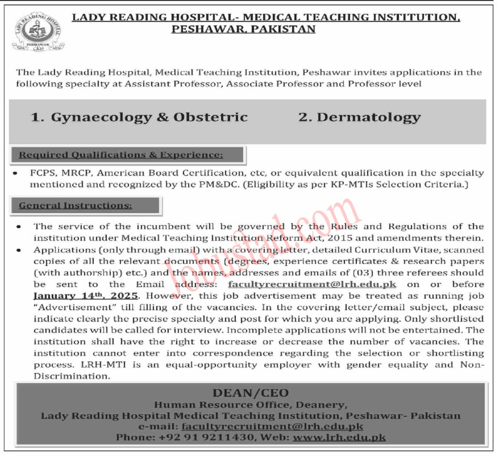 Lady Reading Hospital Jobs In Peshawar January 2025 Advertisement