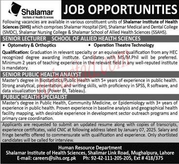 Latest Jobs At Shalamar Institute Of Health Sciences In Lahore January 2025 Advertisement