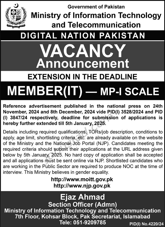 Latest MOITT Jobs in Pakistan December 2024