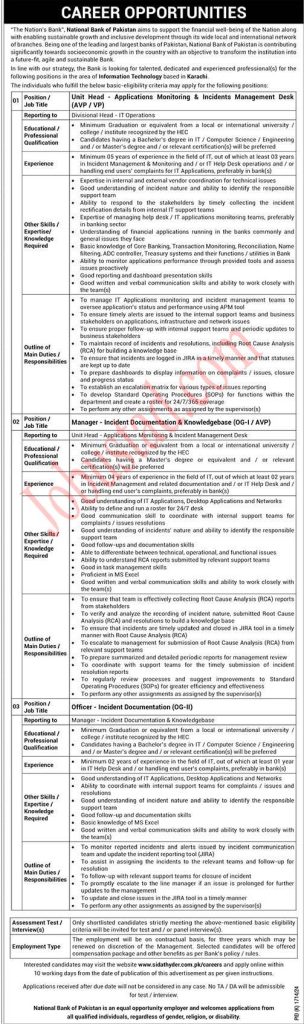 Latest National Bank of Pakistan Jobs in karachi December 2024