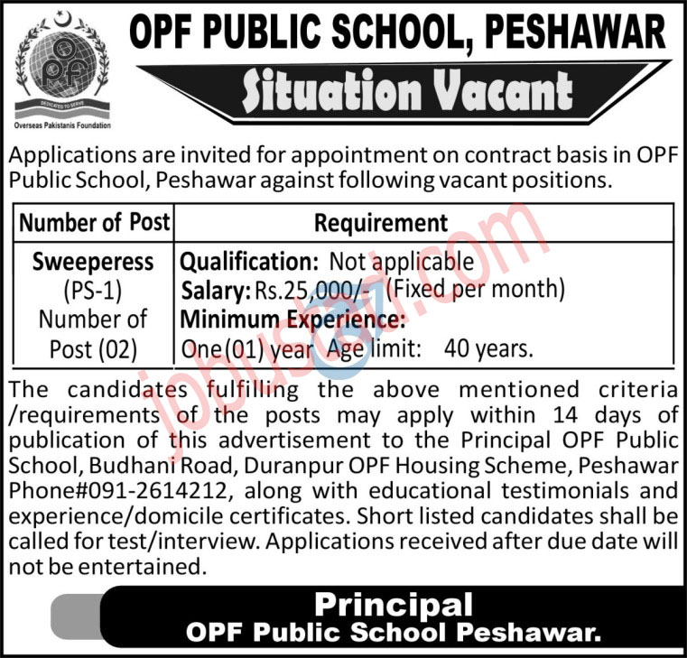 Latest OPF Public School Jobs in Peshawar January 2025