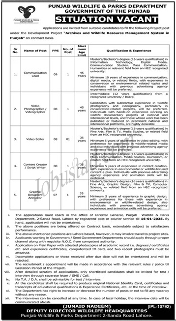 Latest Punjab Wildlife & Park Department Jobs In Lahore January 2025 Advertisement