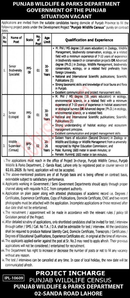 Latest Punjab Wildlife & Parks Department Jobs in Punjab December 2024