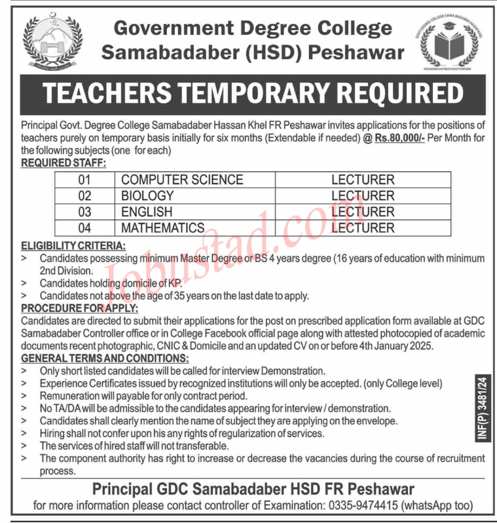 Lecturer Jobs In Peshawar January 2025 Advertisement