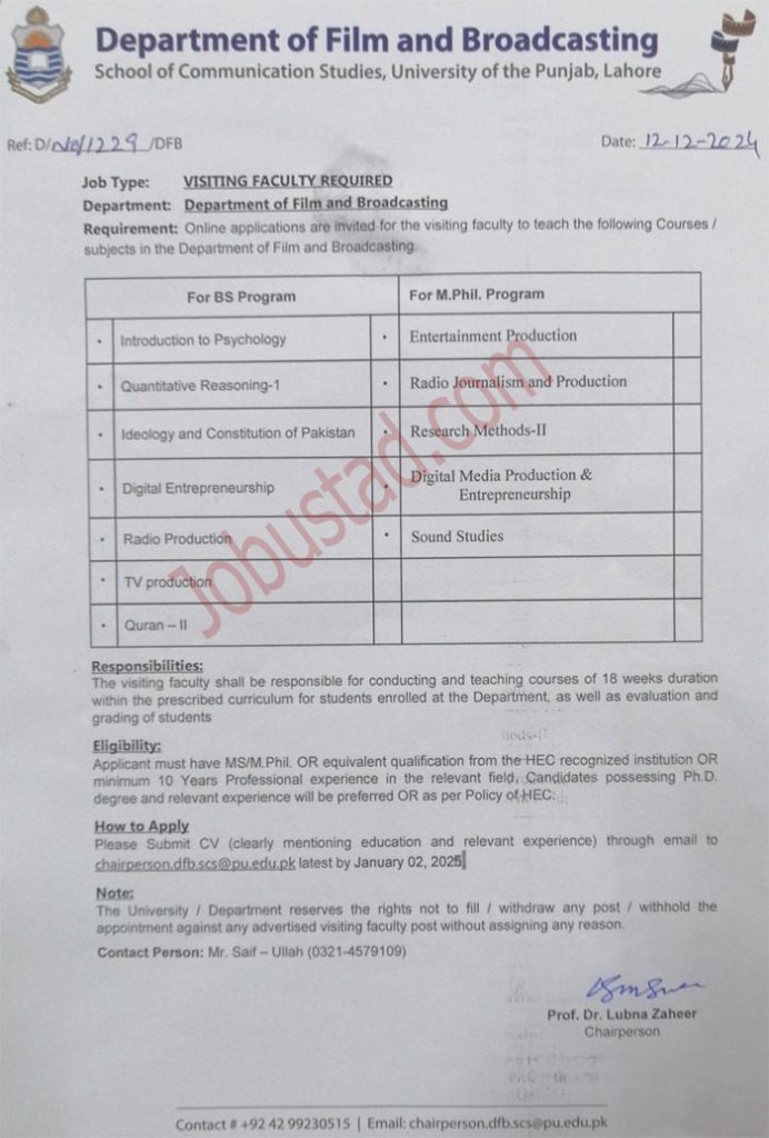 New Lecturers Jobs in University of Punjab December 2024 