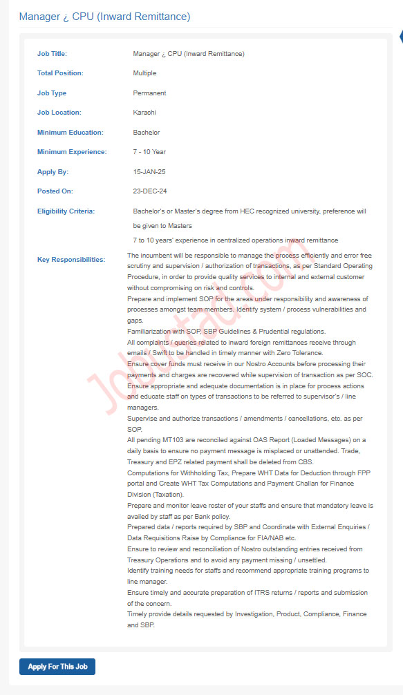 Manager Jobs in UBL Bank January 2025