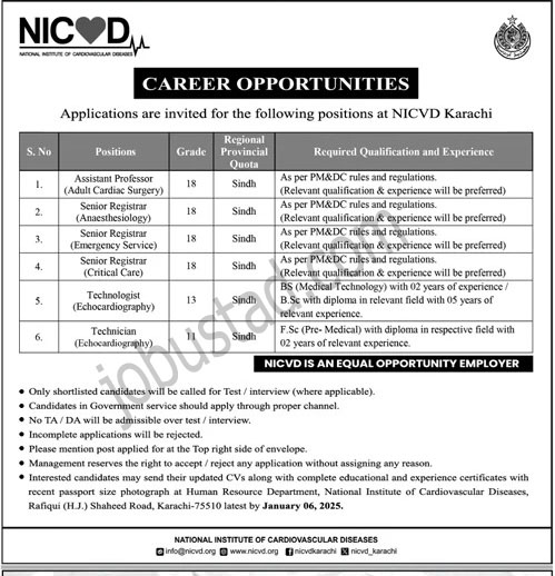National Institute of Cardiovascular Diseases Jobs in Karachi 2024