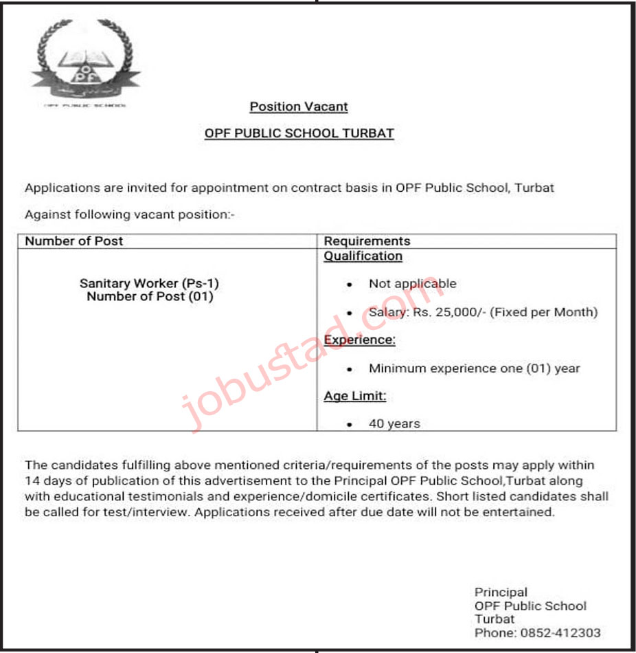 OPF Public School Jobs in Turbat December 2024