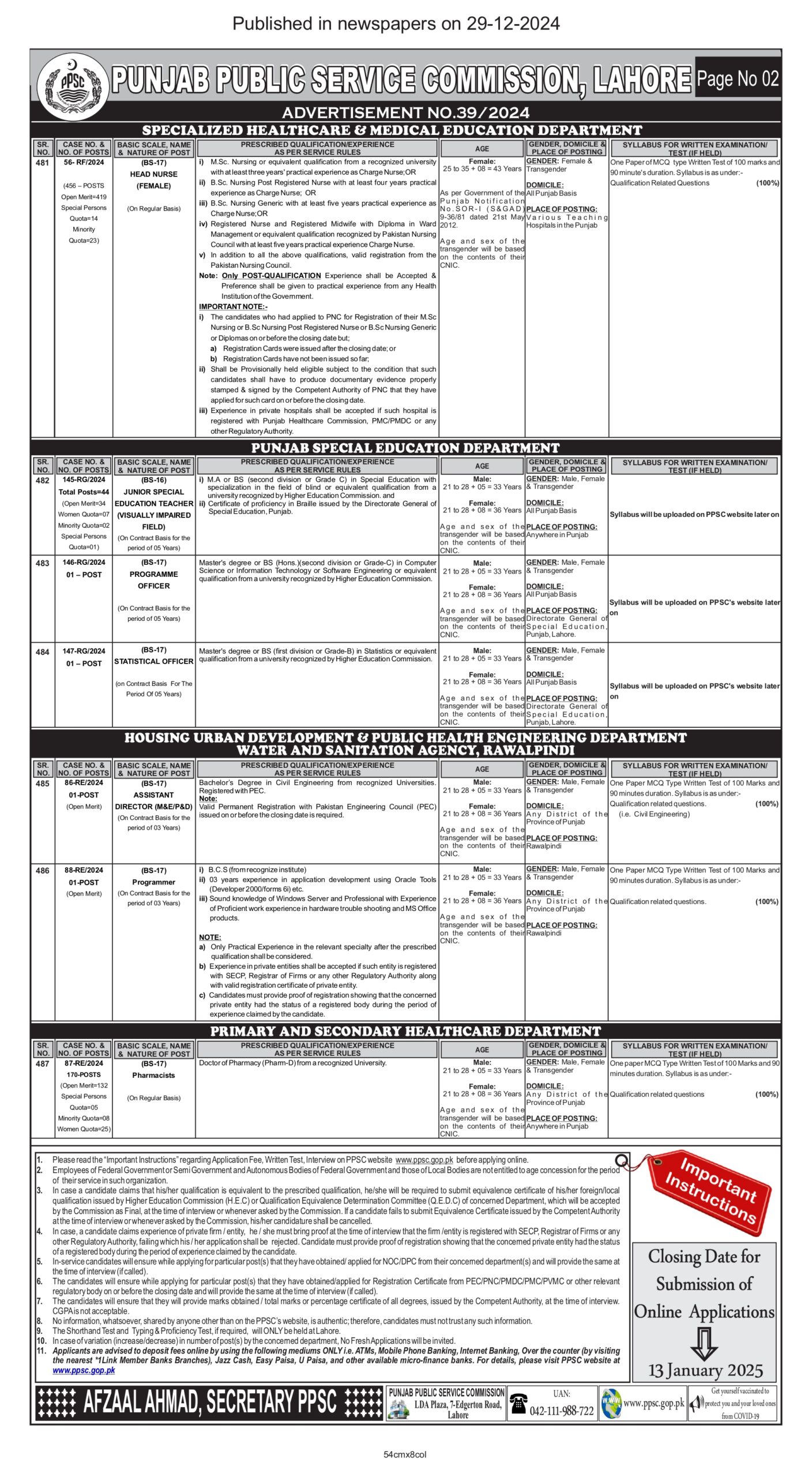Latest PPSC Jobs Advertisement 39/2024