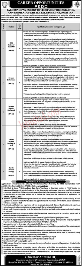 Pakhtunkhwa Energy Development Organization Jobs January 2025 Advertisement
