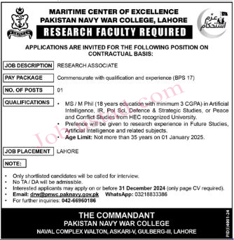 Pakistan Navy War College Jobs in Lahore December 2024